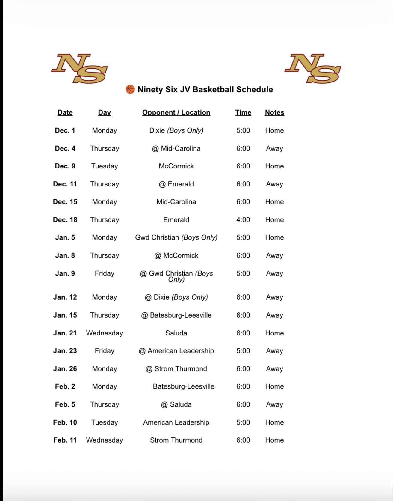 JV basketball schedule
