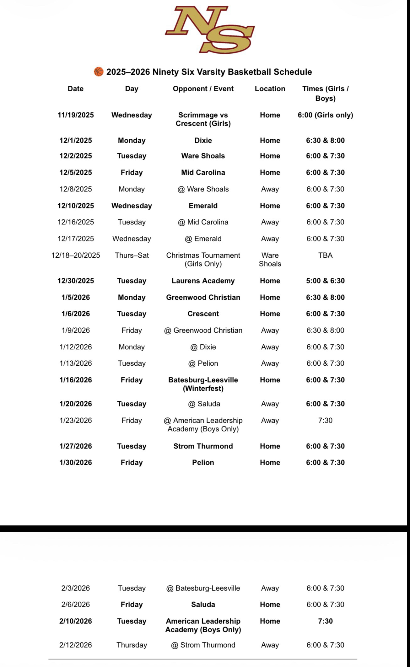 varsity basketball schedule